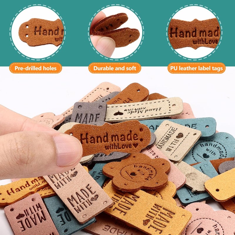 Draupnir Handmade Leather Labels, 56 pcs Handmade Leather Labels for Crochet, Artificial Colorful Leather Labels with Love Hearts for Handmade Items Embossed Sew on Tag Crochet Knit DIY Jeans Bags Shoes Hat - Image 3